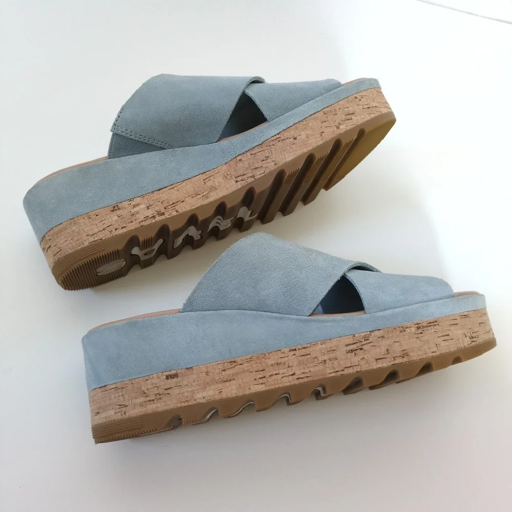 Sorel Cameron Flatform Sandal Women 9.5 Blue Suede Cross Strap Platform NL4631